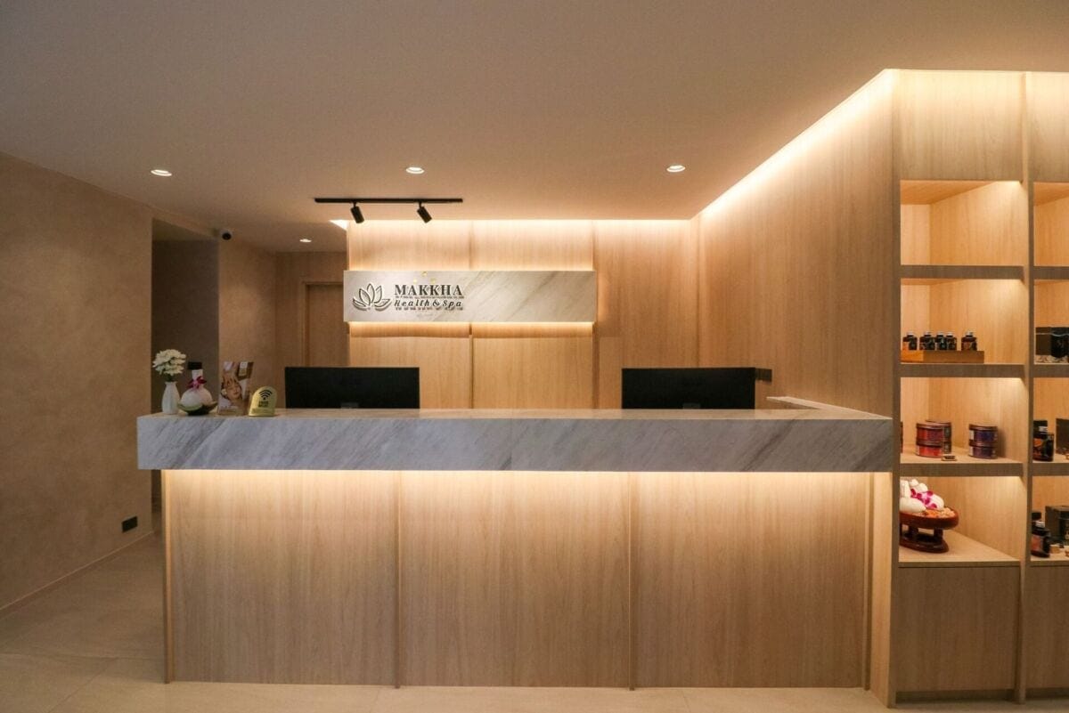 Front desk and marble counter at Makkha Health & Spa Bangkok (BTS Asok)