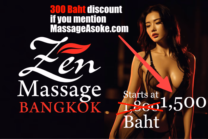 Zen Massage Bangkok promotion offering a 300 baht discount when mentioning MassageAsoke.com, with sessions starting at 1,500 baht